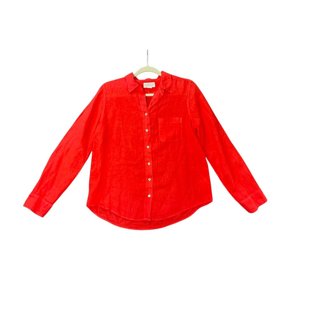 Velvet by‎ Graham & Spencer Red 100% Linen Button Up Shirt Size XS Oversized Fit